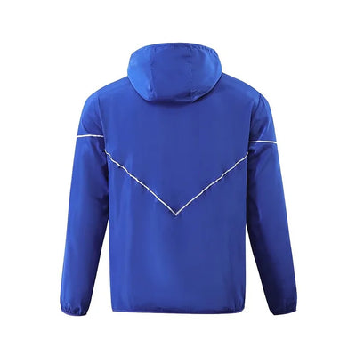Lyon's blue hooded windbreaker