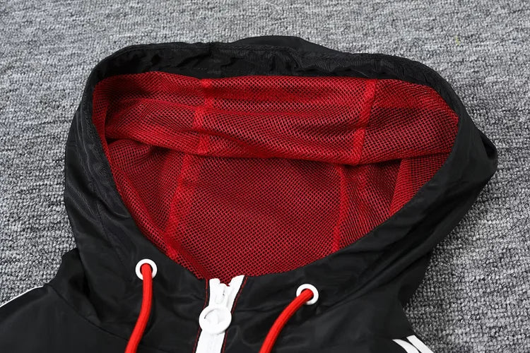 Flamenco red hooded trench coat.