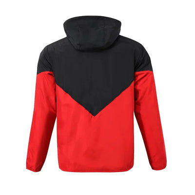Flamenco red hooded trench coat.