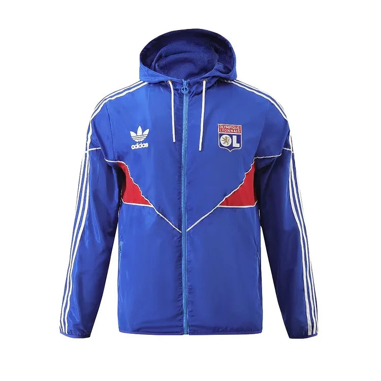 Lyon's blue hooded windbreaker